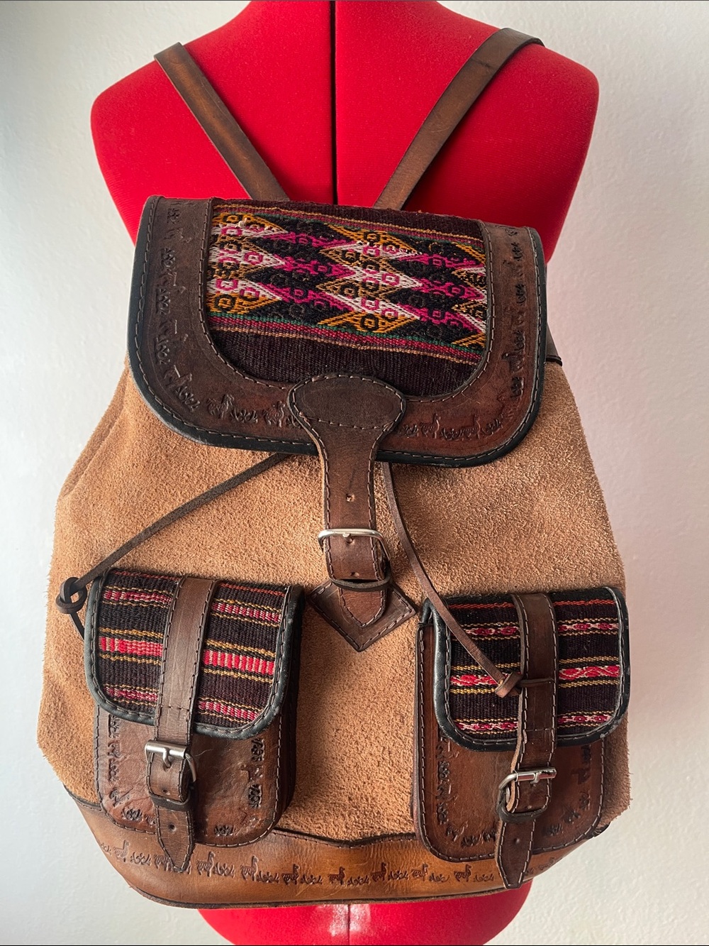 Handcrafted Suede & Leather Backpack with Woven Accent - Tan Brown
